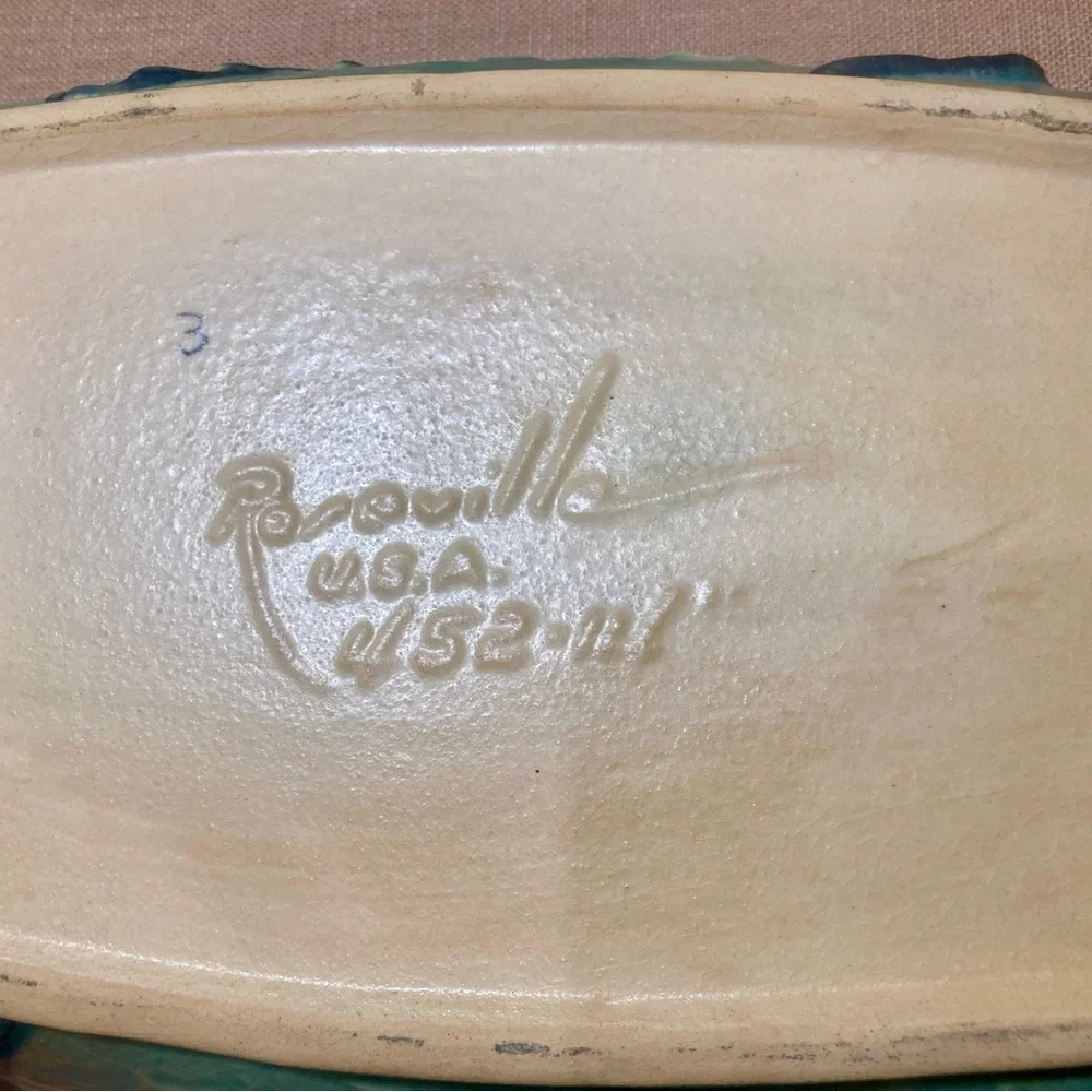 Vintage Art Console Roseville Magnolia Pottery. Handled rectangular Green/Pink. - Picture 4 of 12